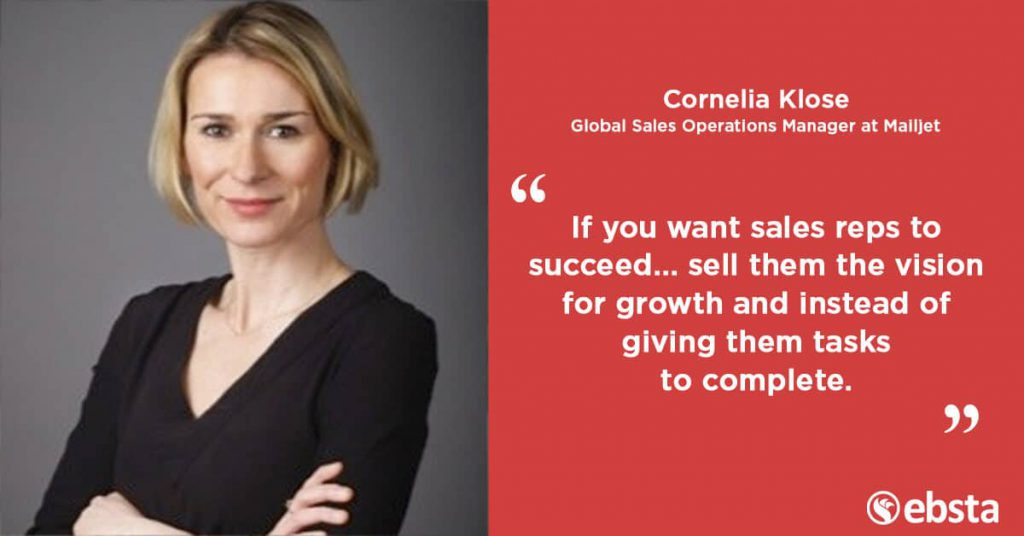 "If you want sales reps to succeed... sell them the vision for growth and instead of giving them tasks to complete." - Cornelia Klose
